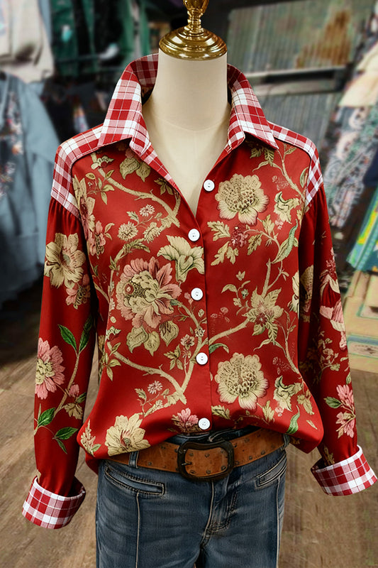 Vintage Floral Print Plaid Patch Long Sleeve Blouse