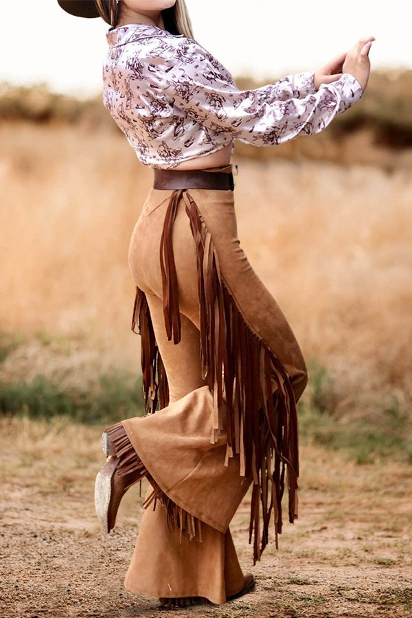 Flowing Fringed Suede Flared Trousers