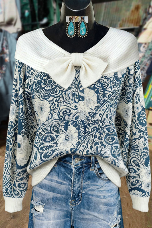 Elegant Floral Pattern Bow Detailed Sweater