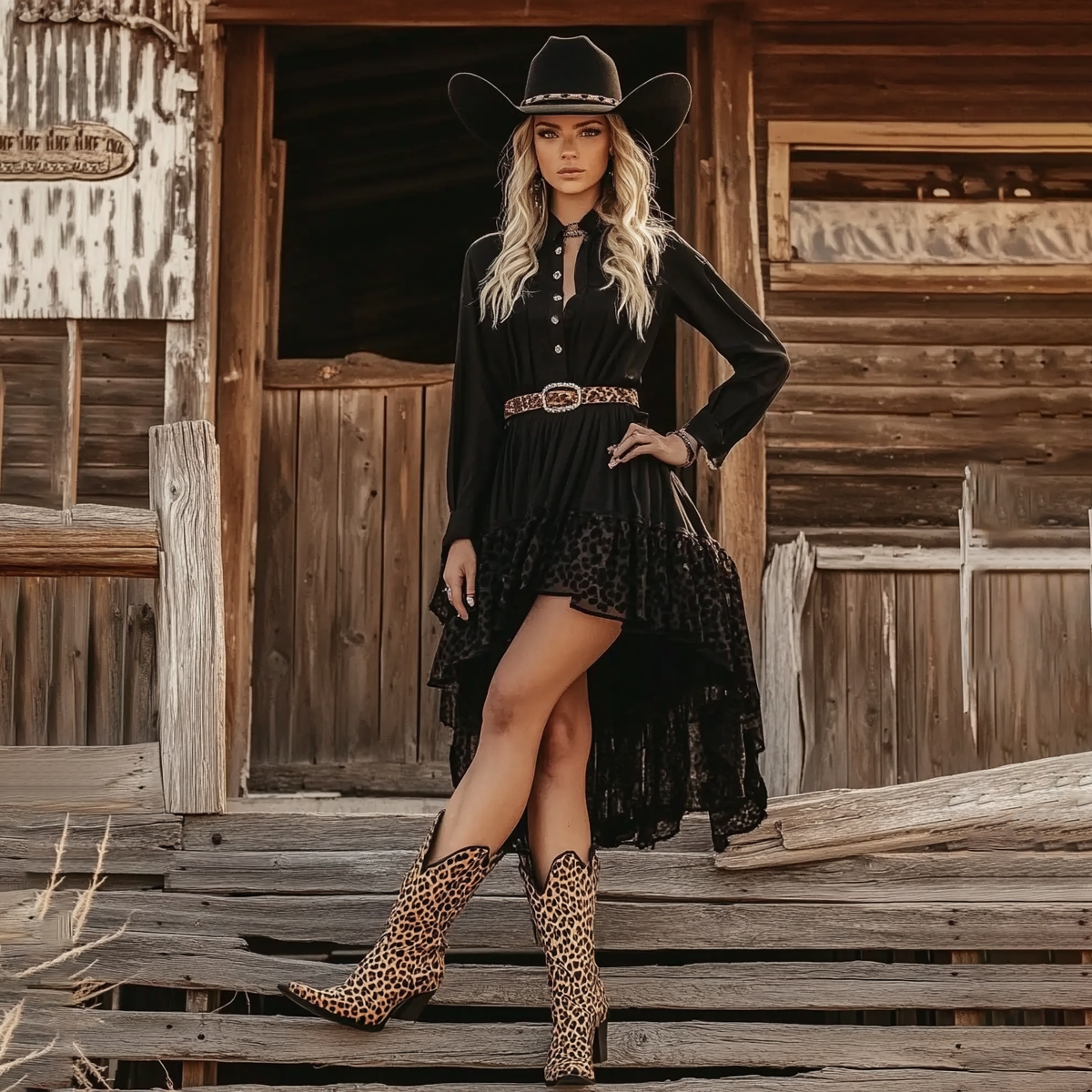 Women's Vintage Western Cowboy Lace Casual Long Sleeve Dress