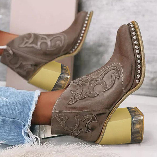 Embroidered Thick Heel Sewing Rivets Ankle Boots