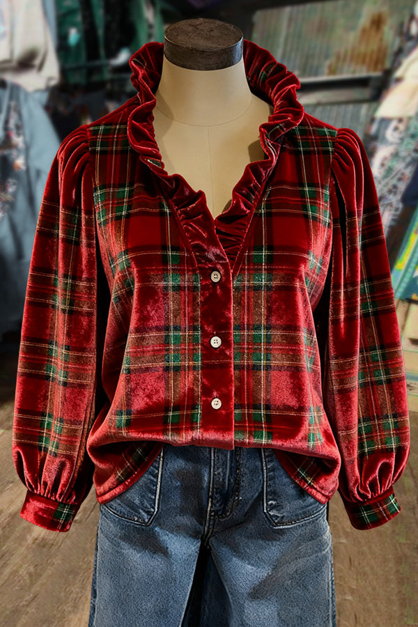Plaid Ruffle Neck Velvet Holiday Top
