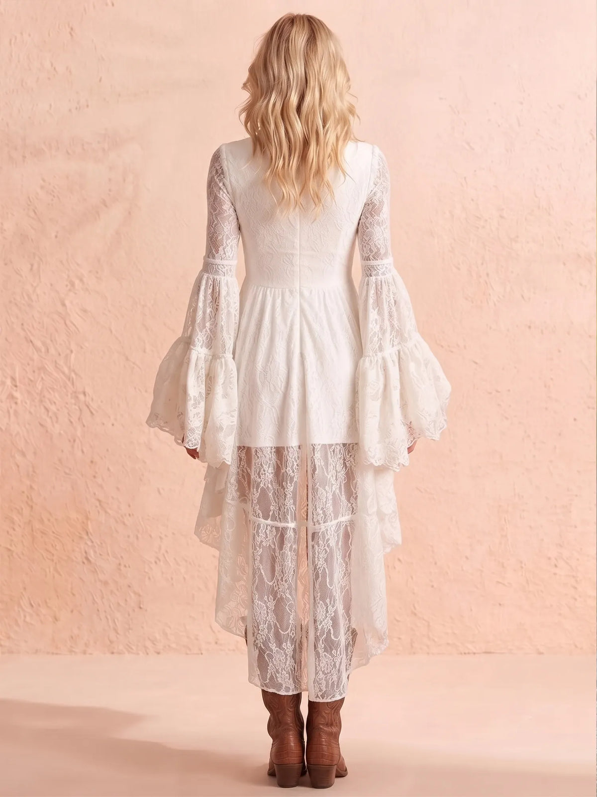 Western Dress — Champagne Sand Asymmetrical High-Low Lace Dress Mini Dress
