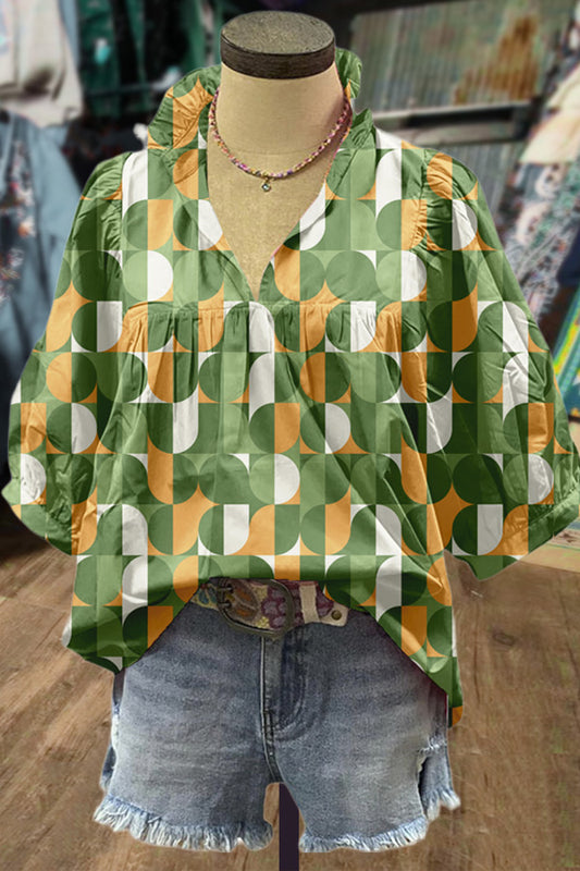 Colorful Geo Print Puff Sleeve Top