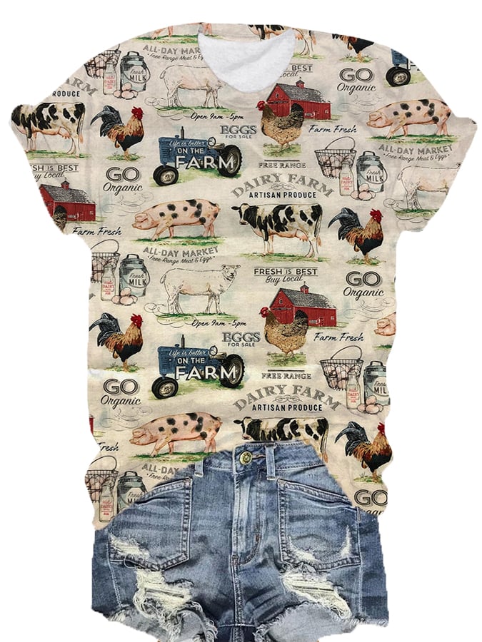 🔥Buy 2 Get 5% Off🔥Women's Vintage Western Farm Animal Print Crew Neck T-Shirt