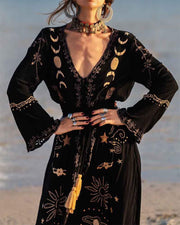 Women's V-neck Black Printed Print Dress