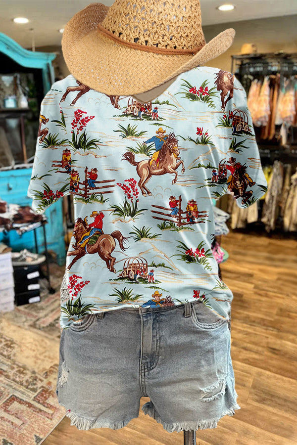 Casual Western Cowboy Print Tee