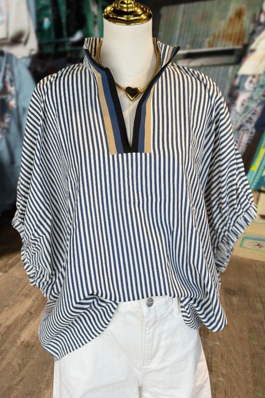 Striped Contrast V-Neck Half Sleeve Top