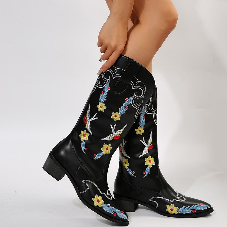 Womens Cowboy Flower Embroidery Casual High Western Boots