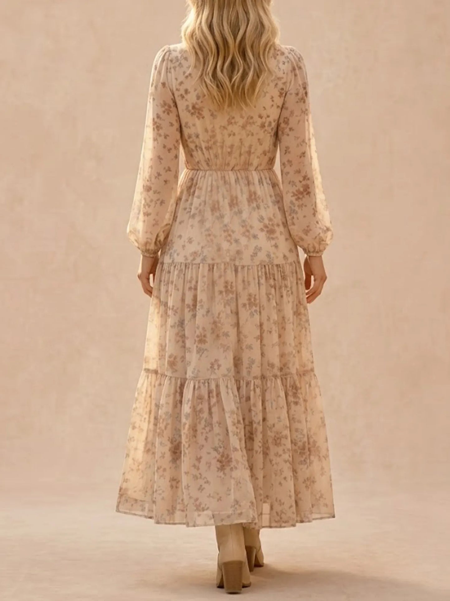 Ivory Apricot Ditsy Floral Chiffon Plunge V-Neck Bishop Sleeve Tiered Maxi Dress