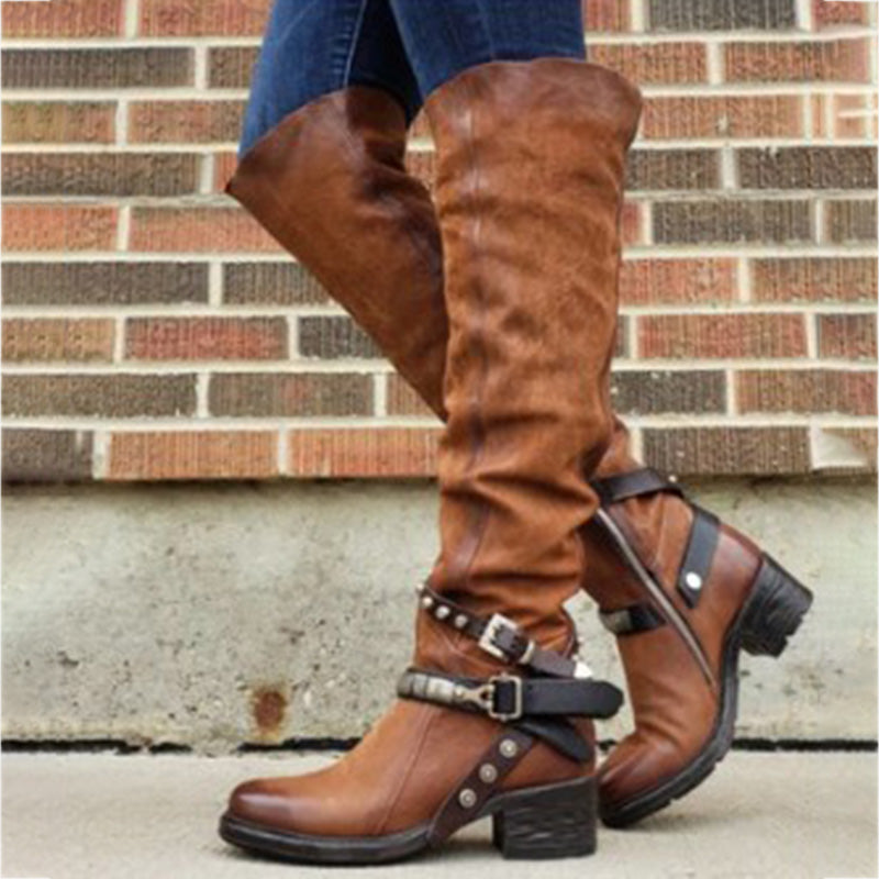 Belt Buckle Chunky Heel Boots