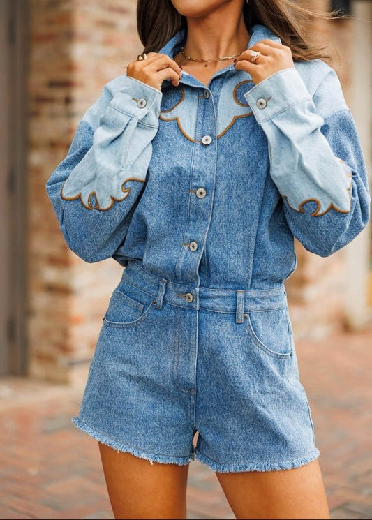 Rodeo Row Long Sleeve Button Denim Romper