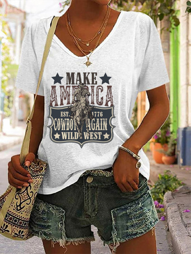 Women's 4th of July Make America Cowboy Again Printed V-Neck T-Shirt