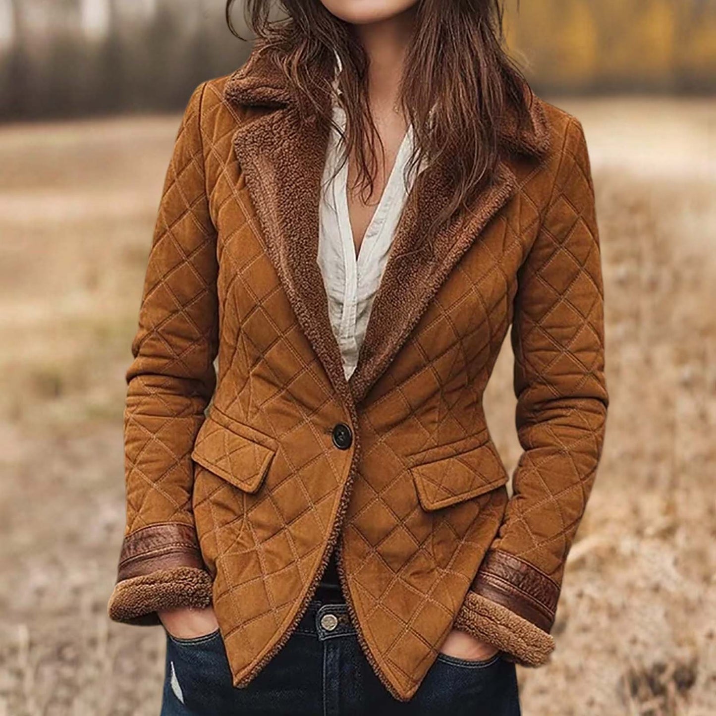Women's Vintage Brown Quilted Suede Western Cowgirl Fleece Jacket
