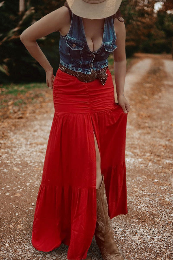 Solid Color Slit Long Skirt