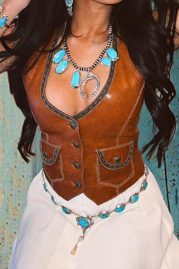 Brown V-Neck Leather Vest