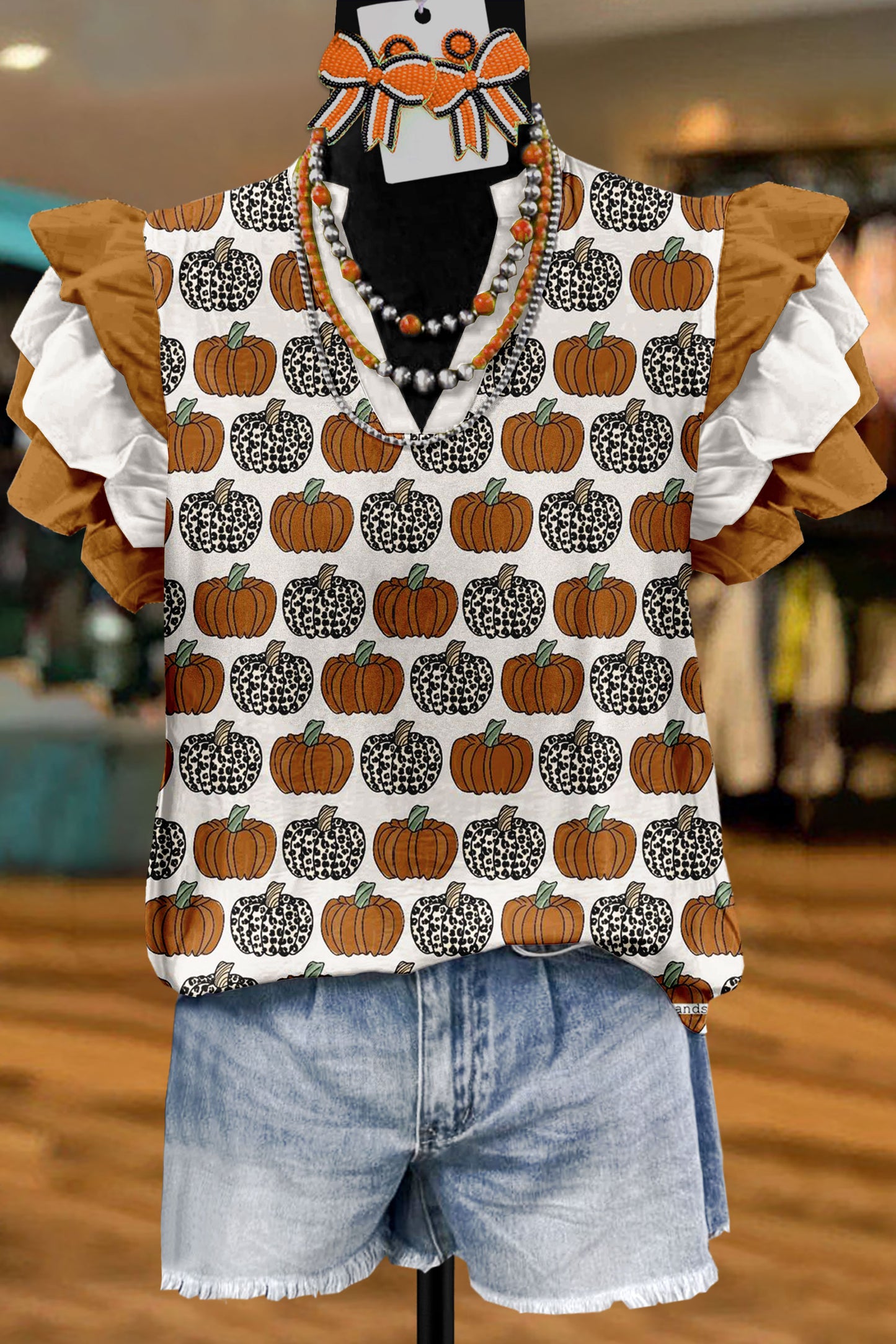 Chic Leopard Pumpkin Print Flying Sleeve Top