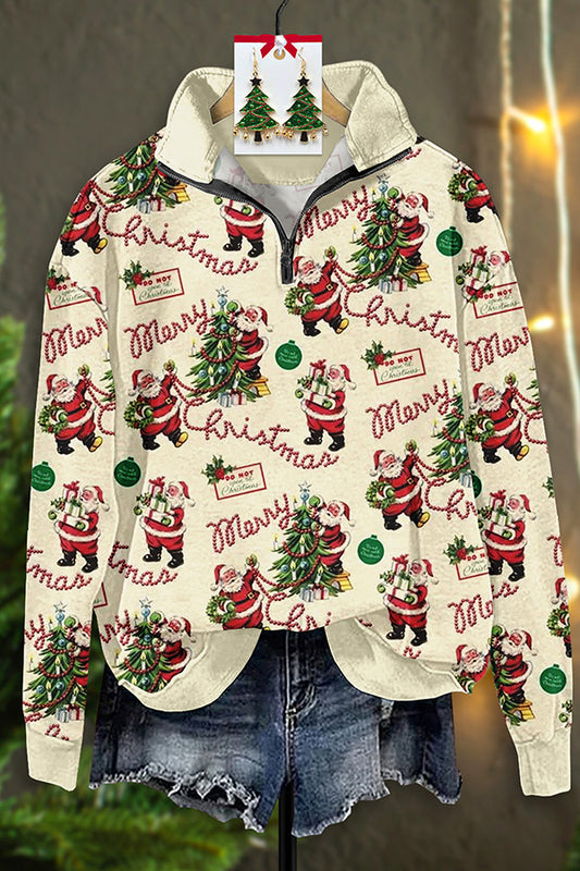 Vintage Santa Print Zip-Up Sweatshirt