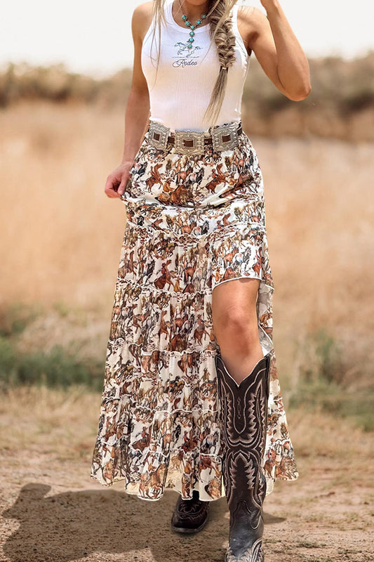 Western Cowboy Aztec Ruffled Slit Maxi Skirt