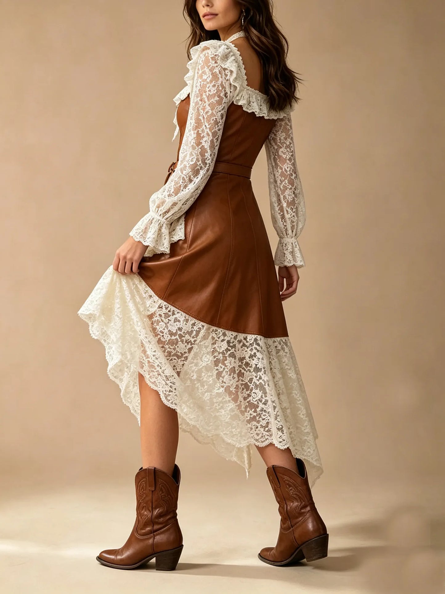 Brown PU Leather Corset Bodice Lace Sleeve Tie Neck Belted Asymmetric Hem Western Midi Dress