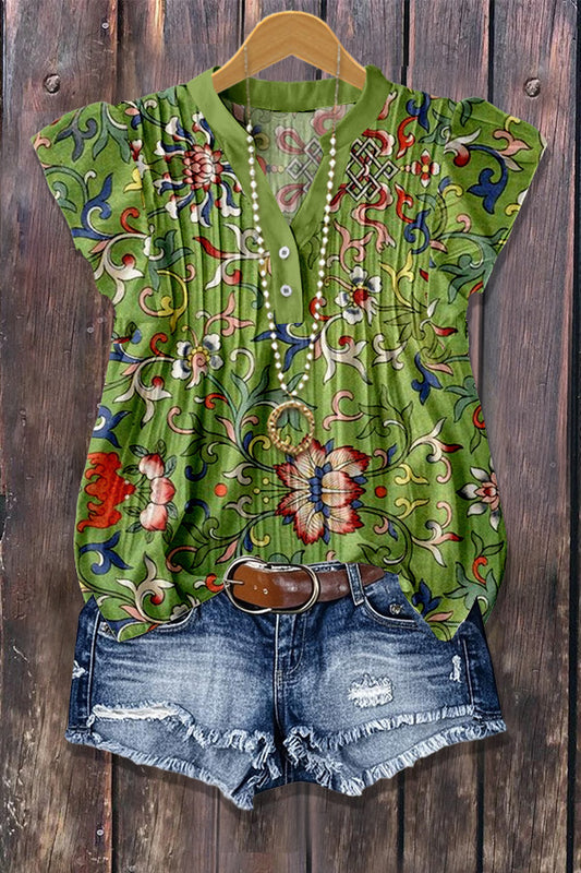 Vintage Floral Print Flutter Sleeve Ribbed Top