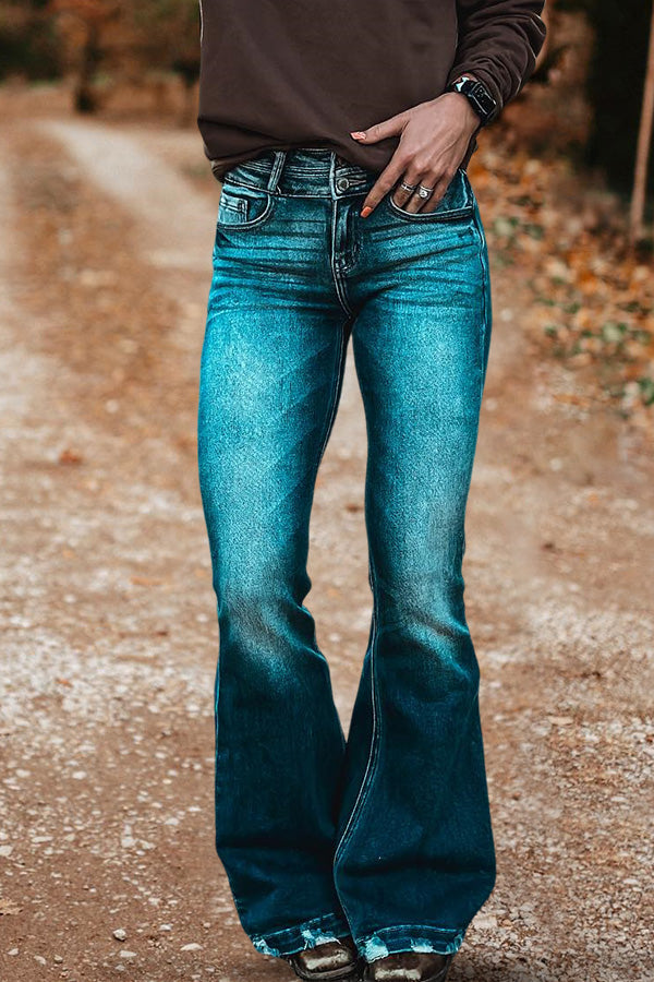 Distressed Washed Flared Pleated Jeans