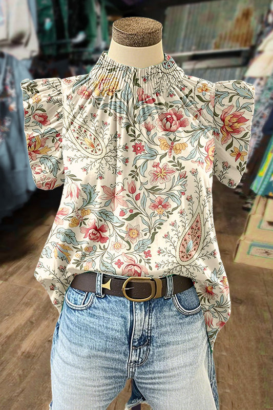 Paisley Floral Print Mock Neck Ruffle Sleeve Top