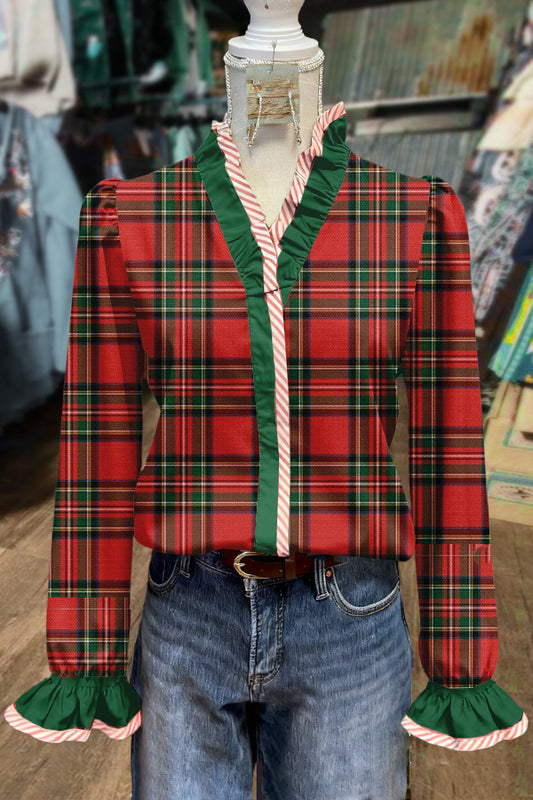 Casual Plaid Ruffle Neck Long Sleeve Top