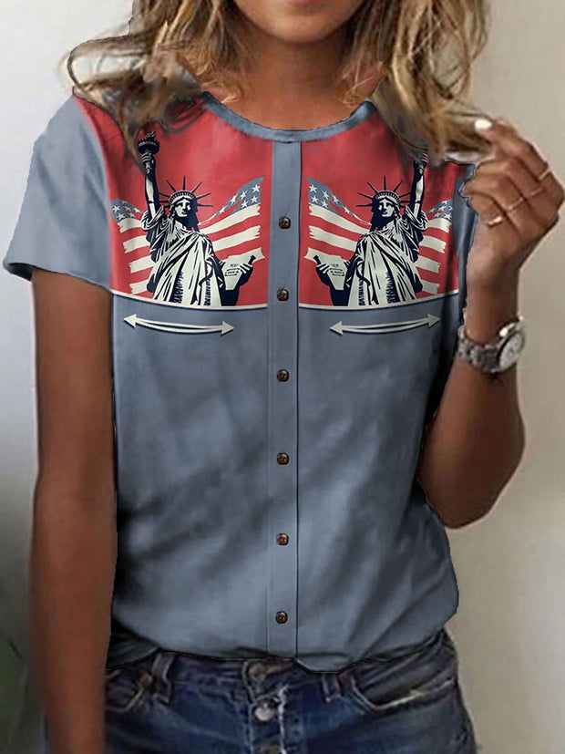 Women's  Retro Western Flag Statue Of Liberty Printed Crew Neck T-Shirt
