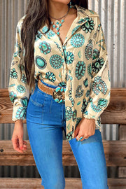 Casual Turquoise Squash Blossom Button Up Top