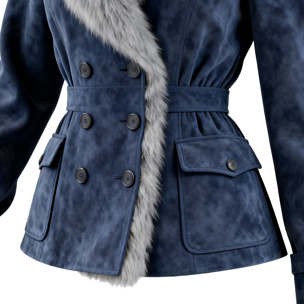 Women's Elegant Double-breasted Blue Suede Coat With Fur Collar