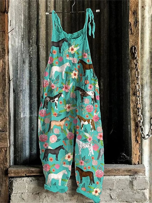 Western Horse & Floral Print Casual Jumpsuit