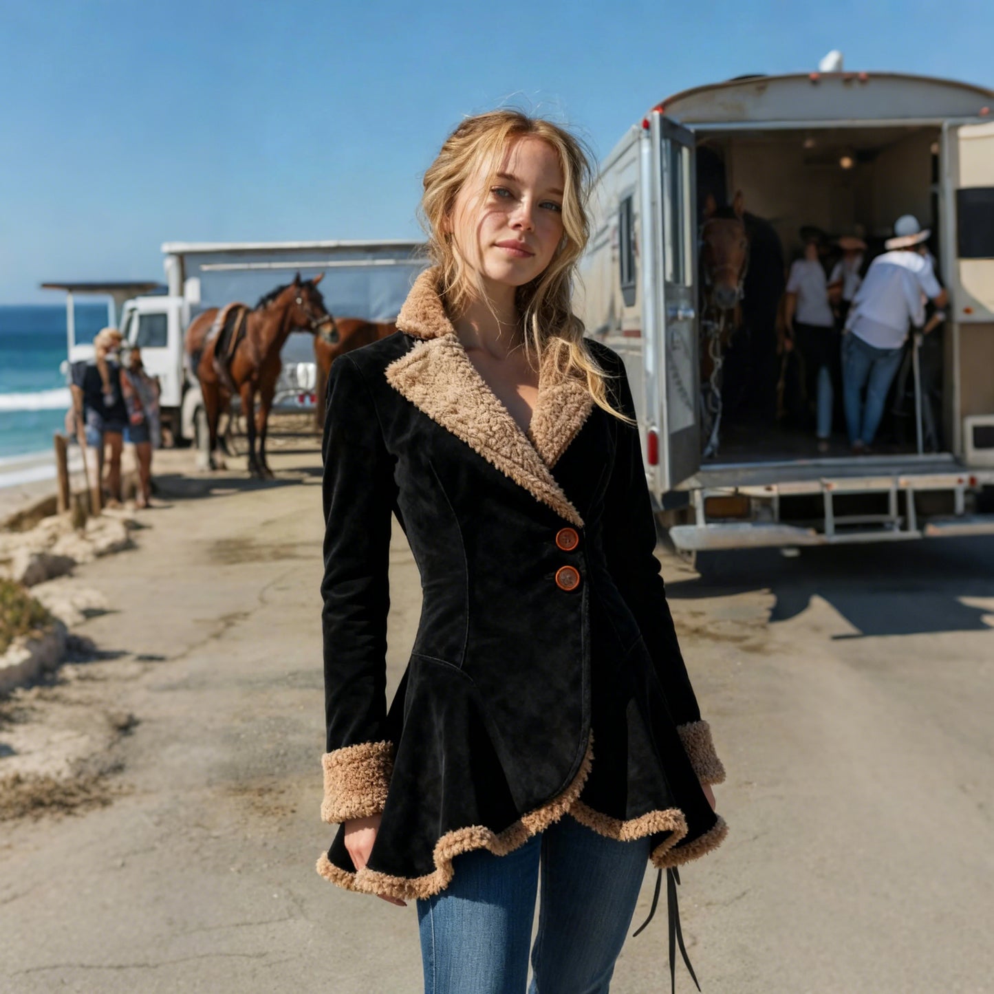 Women's Retro Curved Hem Irregular Bevel Design Lambswool Lapel Mid-Length Jacket Top