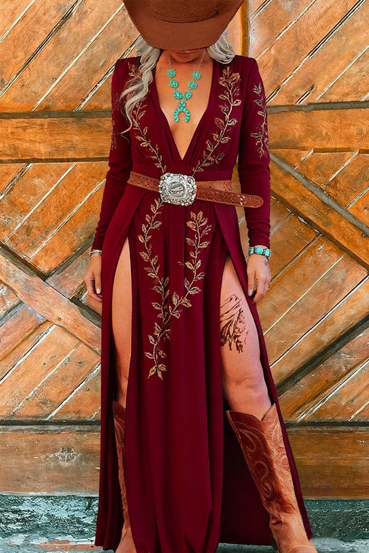 Women's Exquisite Pattern V-neck Fashionable High Slit Dress