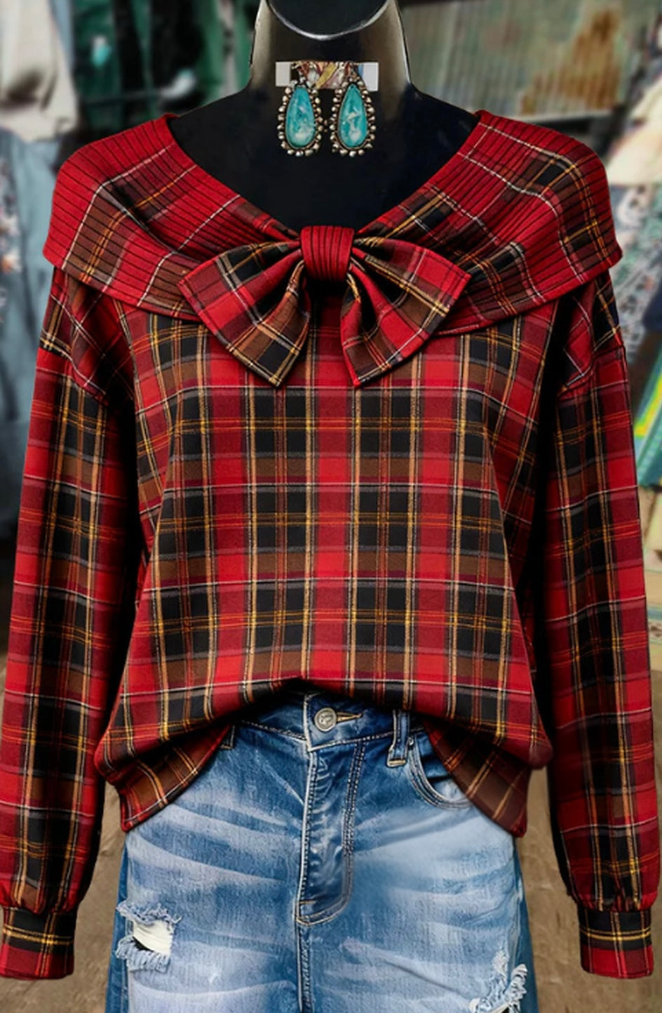 Classic Plaid Bow Detailed Long Sleeve Top