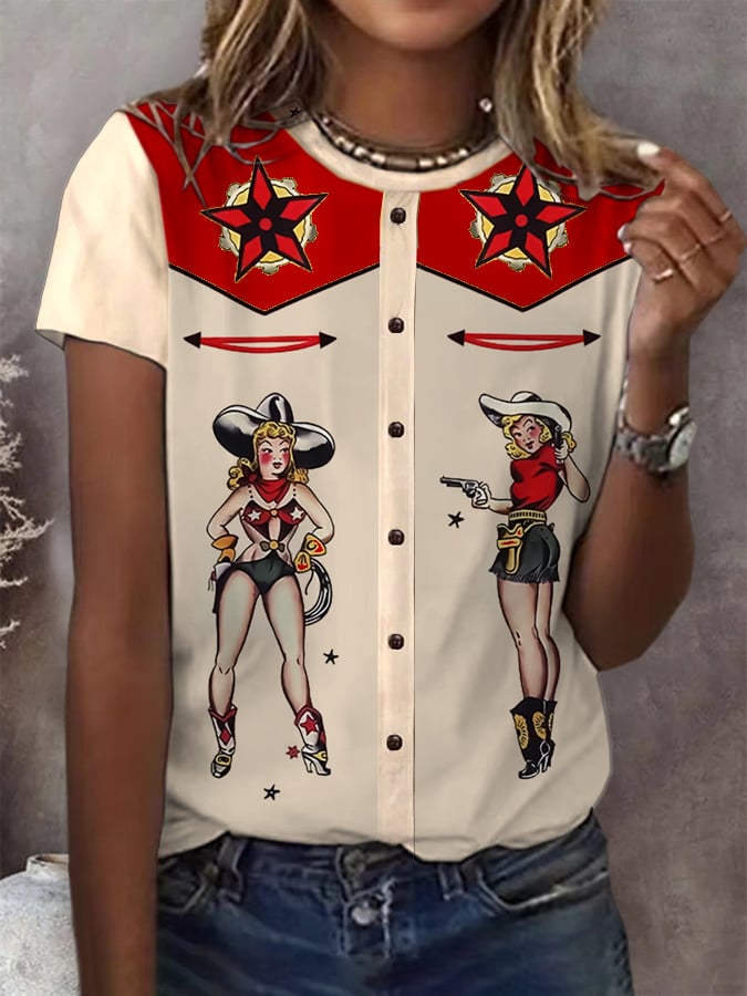 Women's Retro Western Print Casual T-Shirt