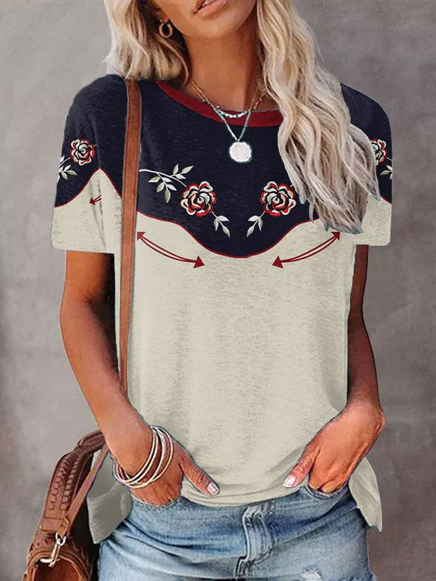Women's Vintage Western Rose Cowboy Printed T-Shirt