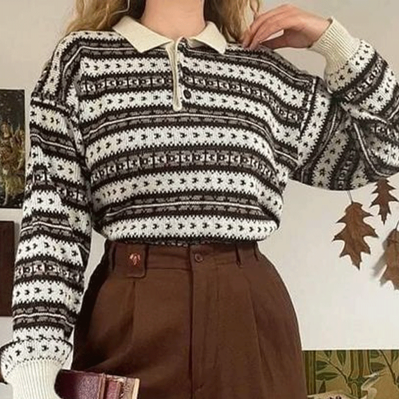 Women's Vintage Geometric Pattern Striped Ethnic Style Print Round Neck Oversize 1/4 Zipper Polo Sweatshirt