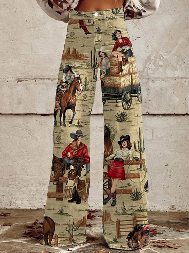 Women's Retro Western Cowgirls Print Casual Wide Leg Bell-Bottoms
