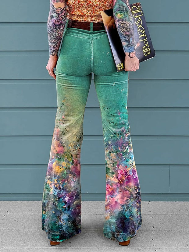 Women's Vintage Floral Print Mid-Rise Button-Hem Bootcut Pants (Without Belt)