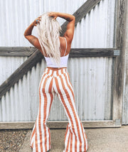 Retro Orange Striped Print Flared Jeans