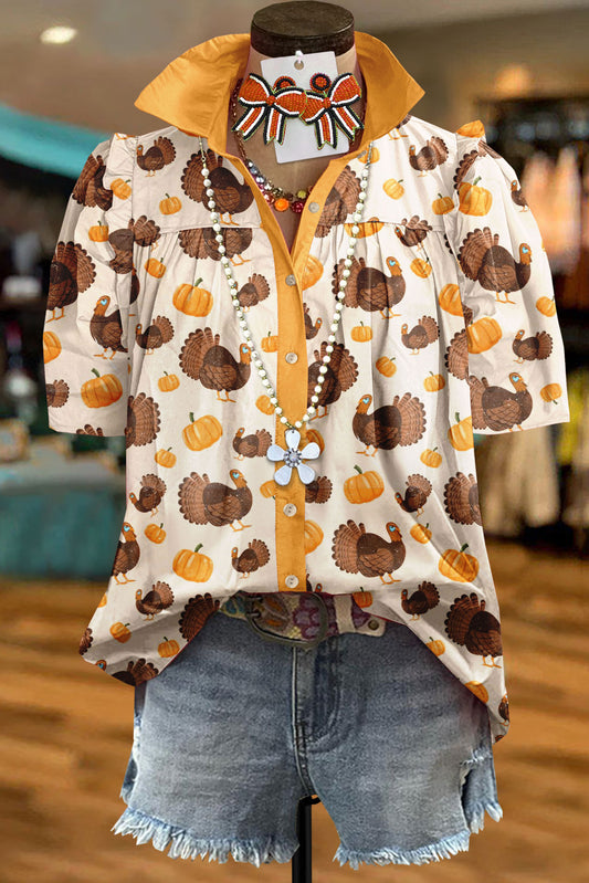 Thanksgiving Pumpkin Turkey  Print Puff Sleeve Top