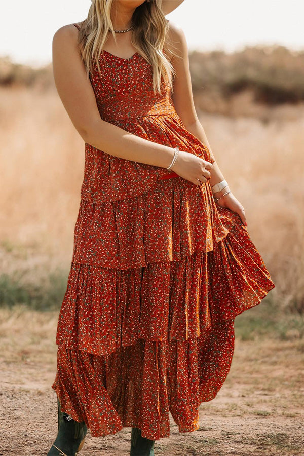 Floral V-Neck Slit Ruffle Maxi Dress