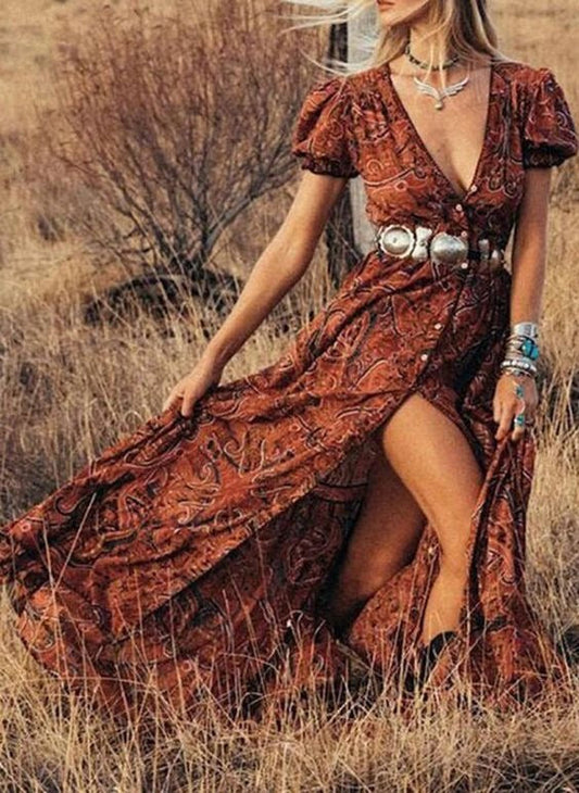 V-neck Short Sleeve Bohemian Holiday Dress