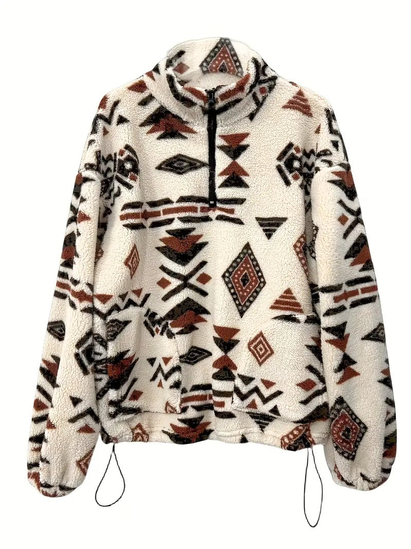 Women’s Aztec Pattern Half Zipper Teddy Sweatshirt