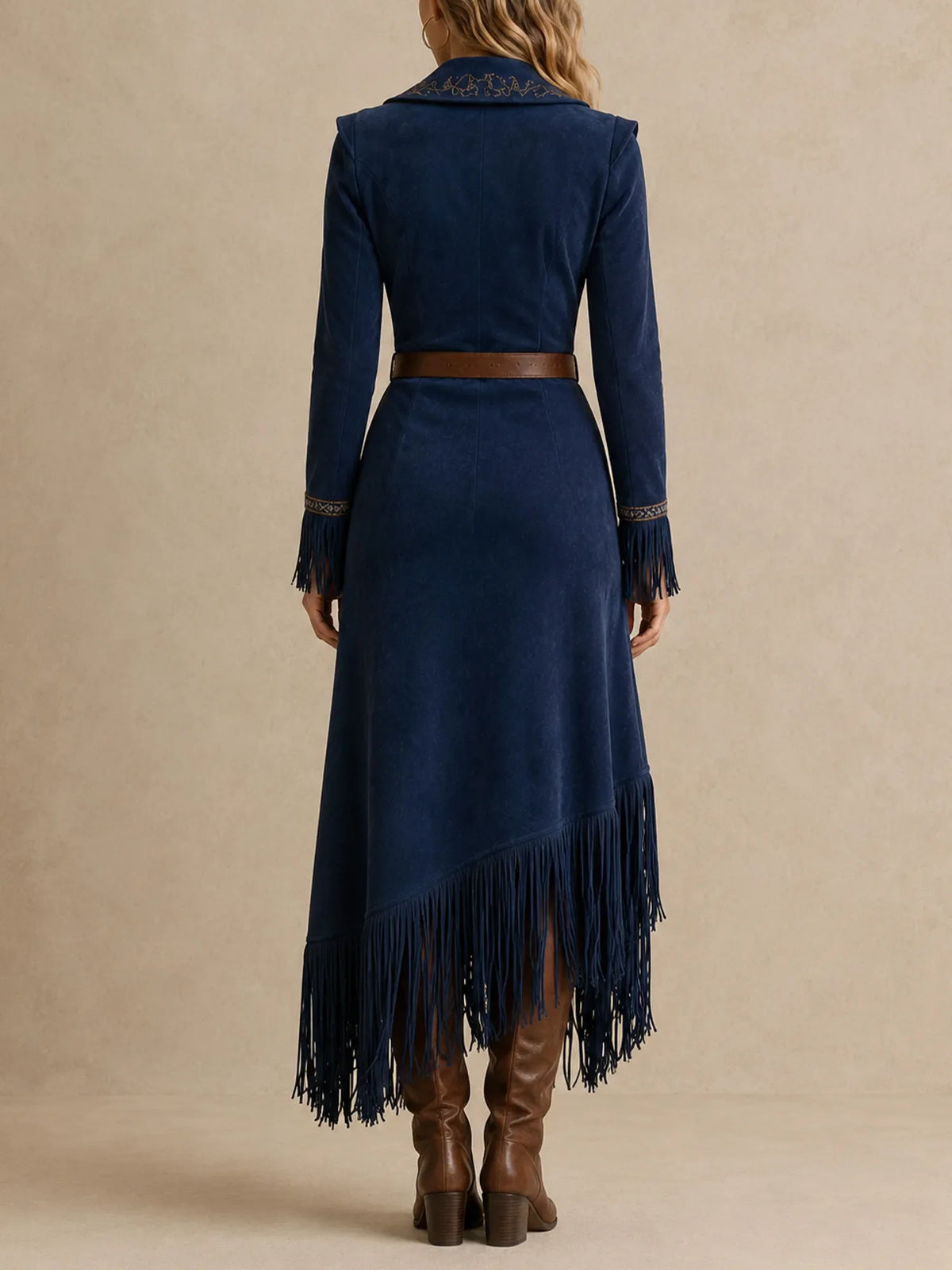 Perfect for a Western-inspired evening event — Women's Embroidered Lapel Deep V-Neck Button-Down Tassel Suede Maxi Dresses