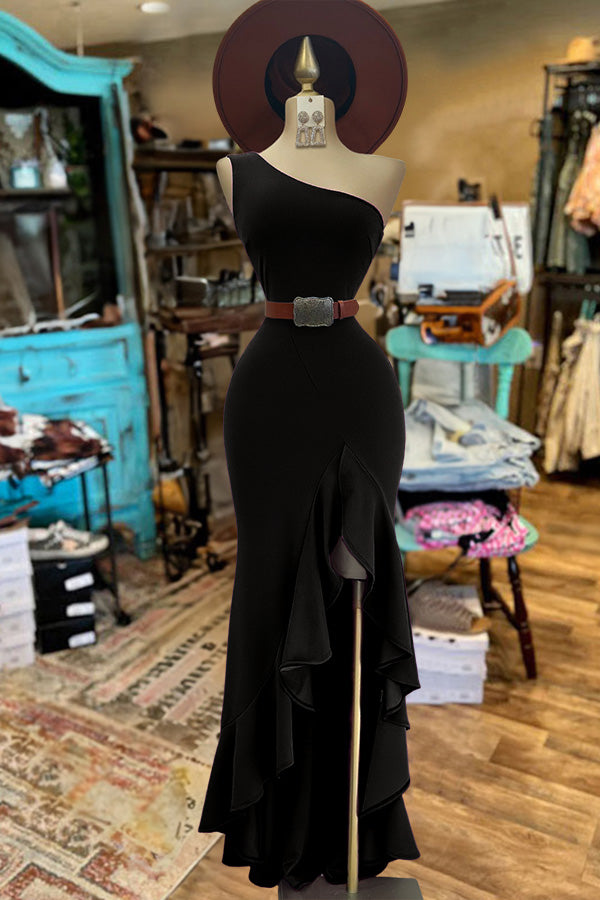 One Shoulder Slit Ruffle Dress