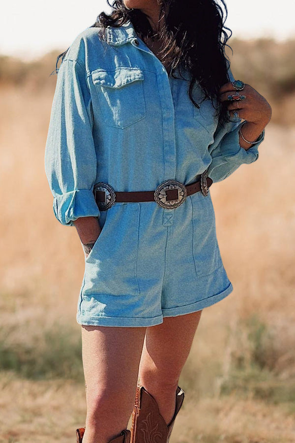 Casual Long Sleeve Denim Romper