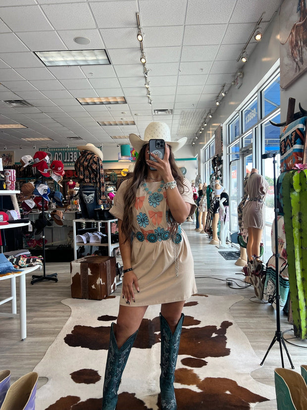 Casual Bow & Turquoise Flower Printed T-Shirt Dress
