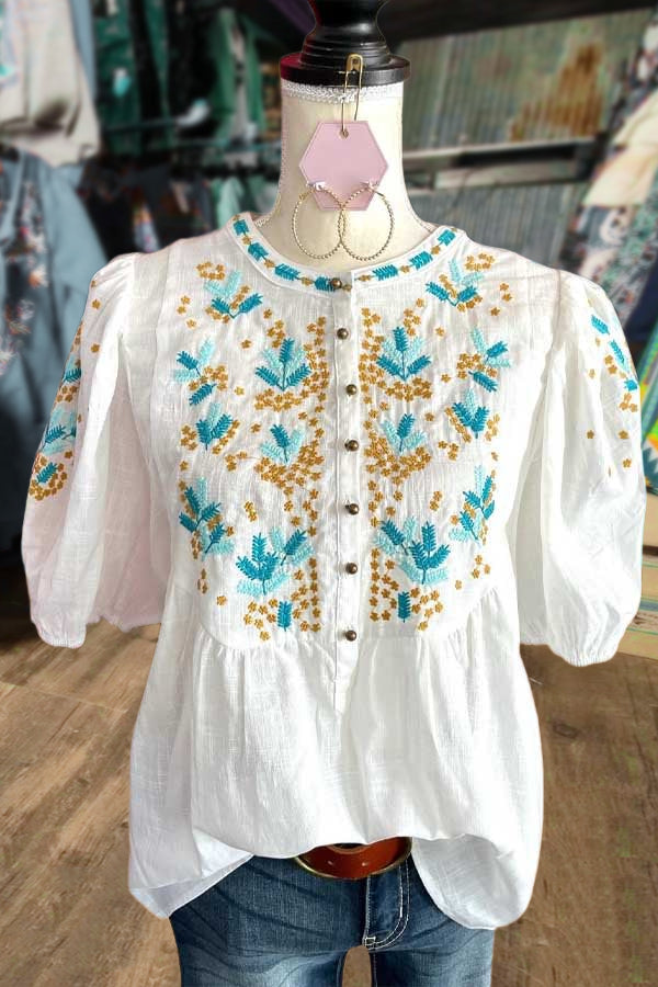 Floral Embroidered Bubble Sleeve Top